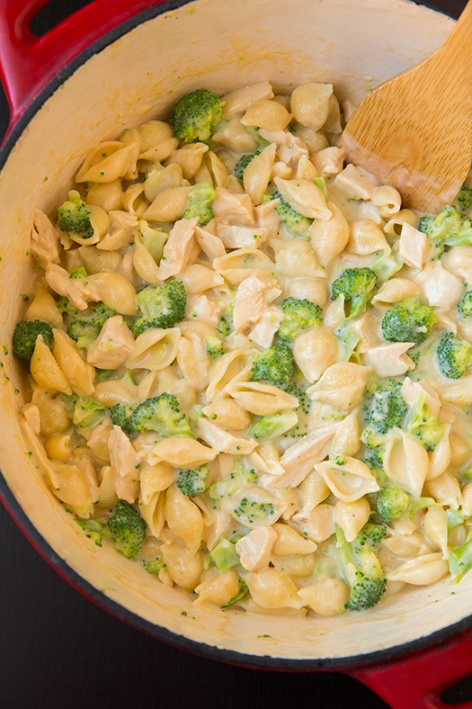 Creamy chicken and broccoli pasta in large pot