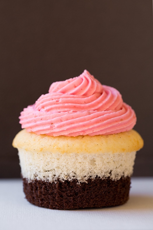 Neapolitan Cupcake with strawberry frosting