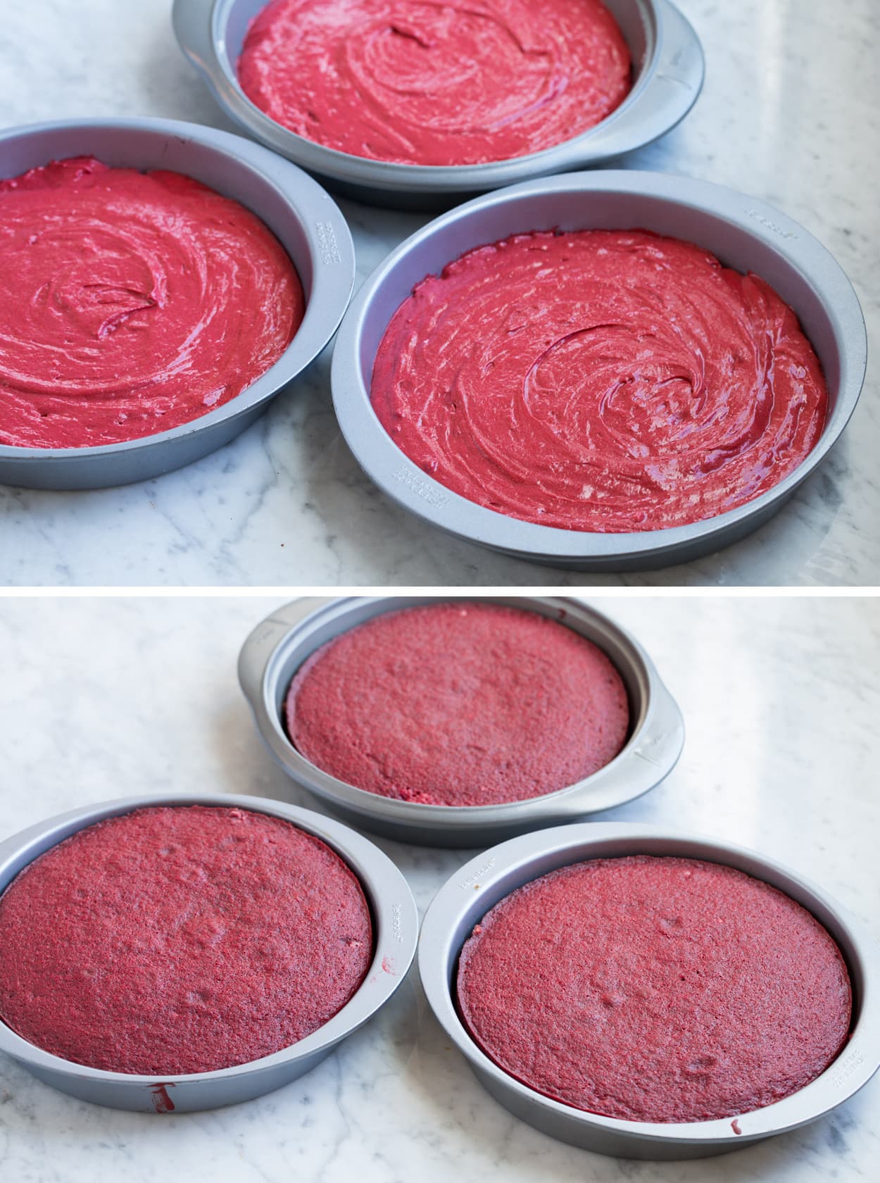 Red Velvet Cake batter in three pans shown before baking then lower image showing cakes after baking.
