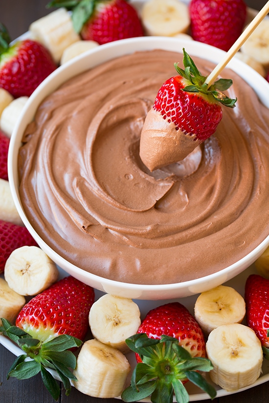 strawberry being dipped into bowl of Chocolate Fruit Dip