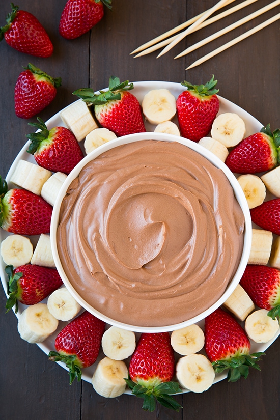 Chocolate Fruit Dip shown here on a white serving platter paired with strawberries and bananas 