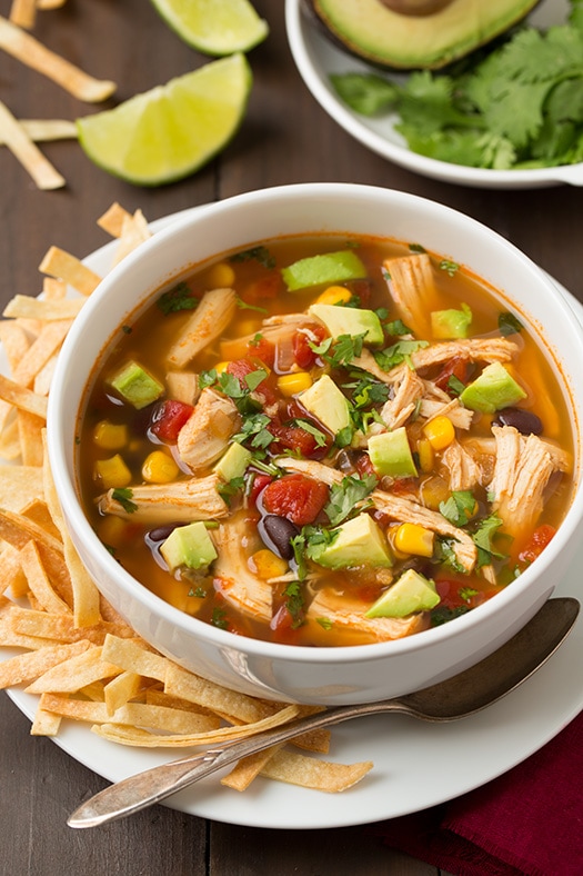 Slow Cooker Chicken Tortilla Soup in a white bowl