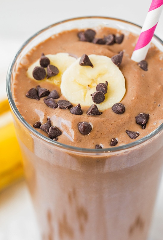 A close up of a chocolate banana shake