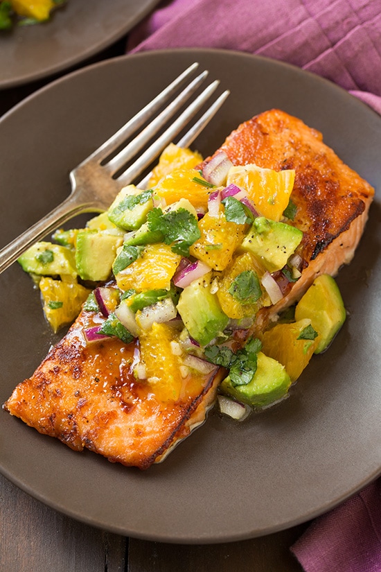 Honey Glazed Salmon with Citrus Avocado Salsa on gray plate with fork