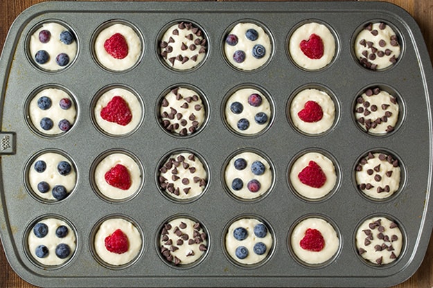 raw Mini Pancake Muffins with toppings added 