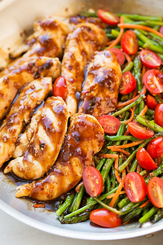 One Pan Balsamic Chicken on a plate with asparagus and tomatoes