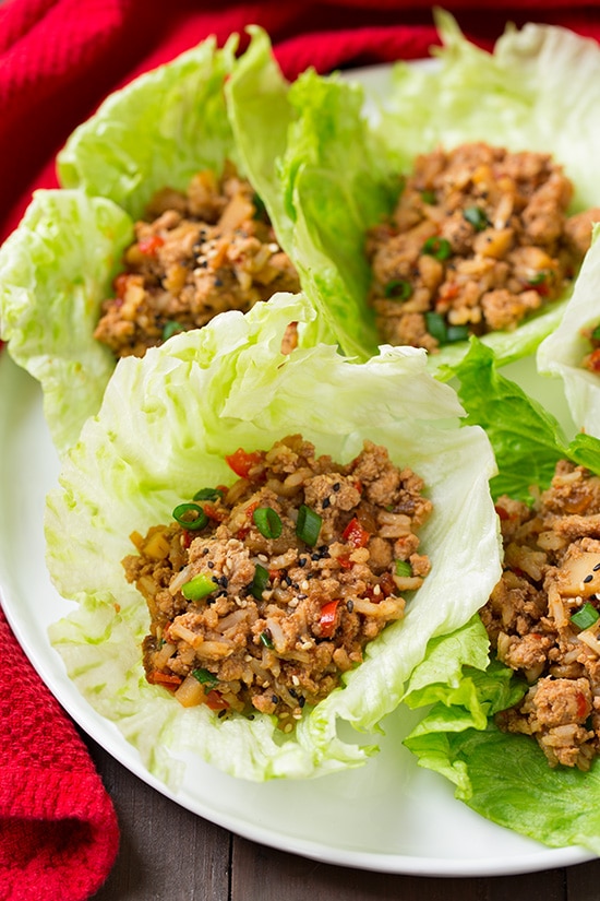 Slow Cooker Asian Chicken Lettuce Wraps on a white plate