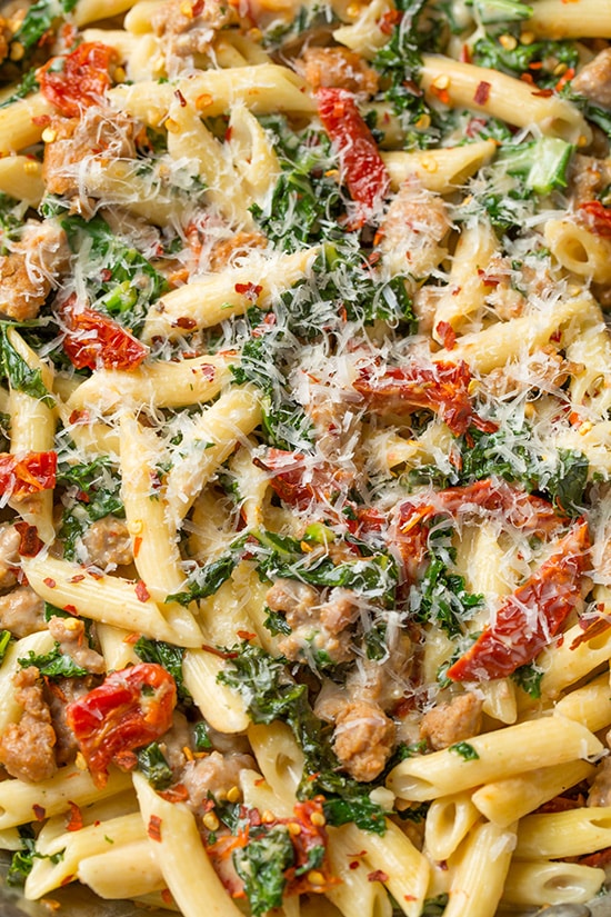 Creamy Kale and Turkey Sausage Pasta with Sun Dried Tomatoes | Cooking Classy