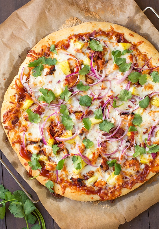 Hawaiian BBQ Chicken Pizza on parchment paper