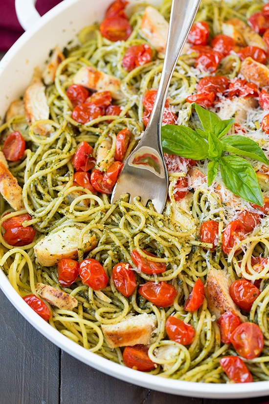 Pesto Spaghetti with Roasted Tomatoes and Grilled Chicken | Cooking Classy