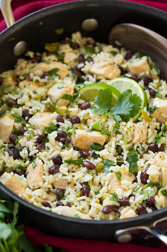A close up of One Pan Cilantro Lime Chicken and Rice with Black Beans 