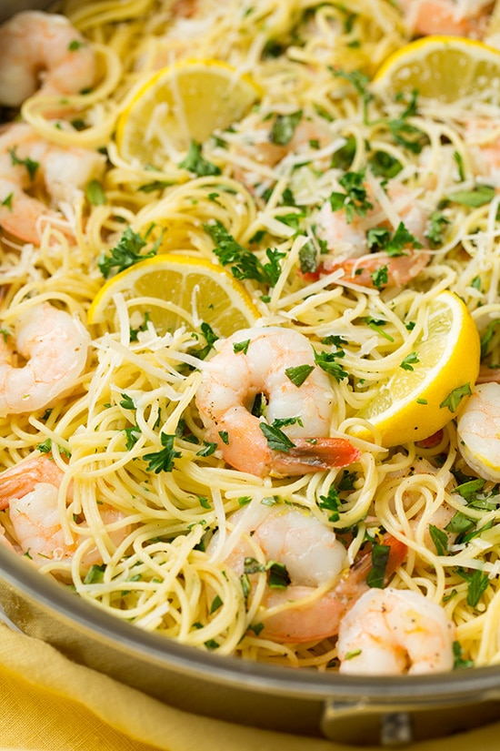 close up of Angel Hair Pasta with Shrimp in skillet