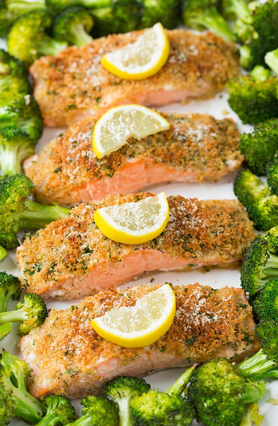 One Sheet Pan Parmesan Crusted Salmon with Roasted Broccoli | Cooking Classy