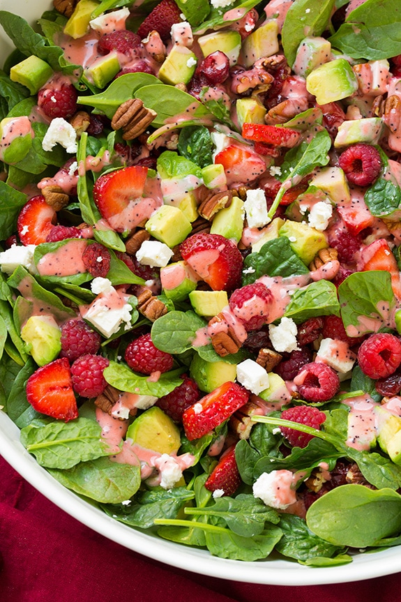 Strawberry Raspberry Cranberry Avocado Spinach Salad with Strawberry Poppy Seed Dressing | Cooking Classy