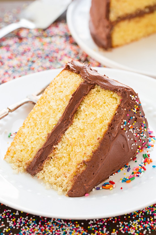 Slice of Yellow Cake with Chocolate Frosting