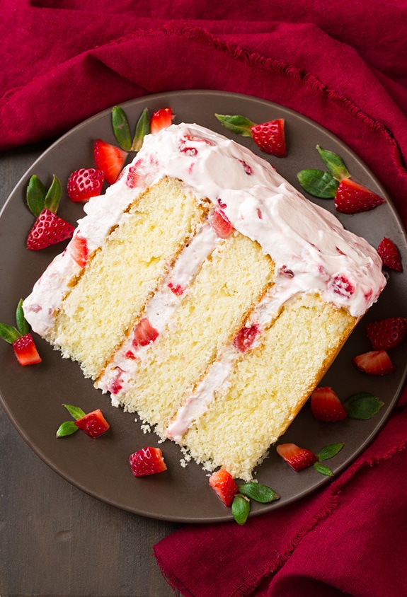 Slice of strawberry cake on a plate