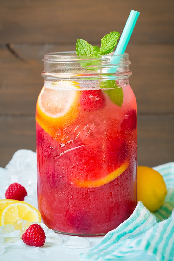 ball jar filled with Sparkling Raspberry Lemonade