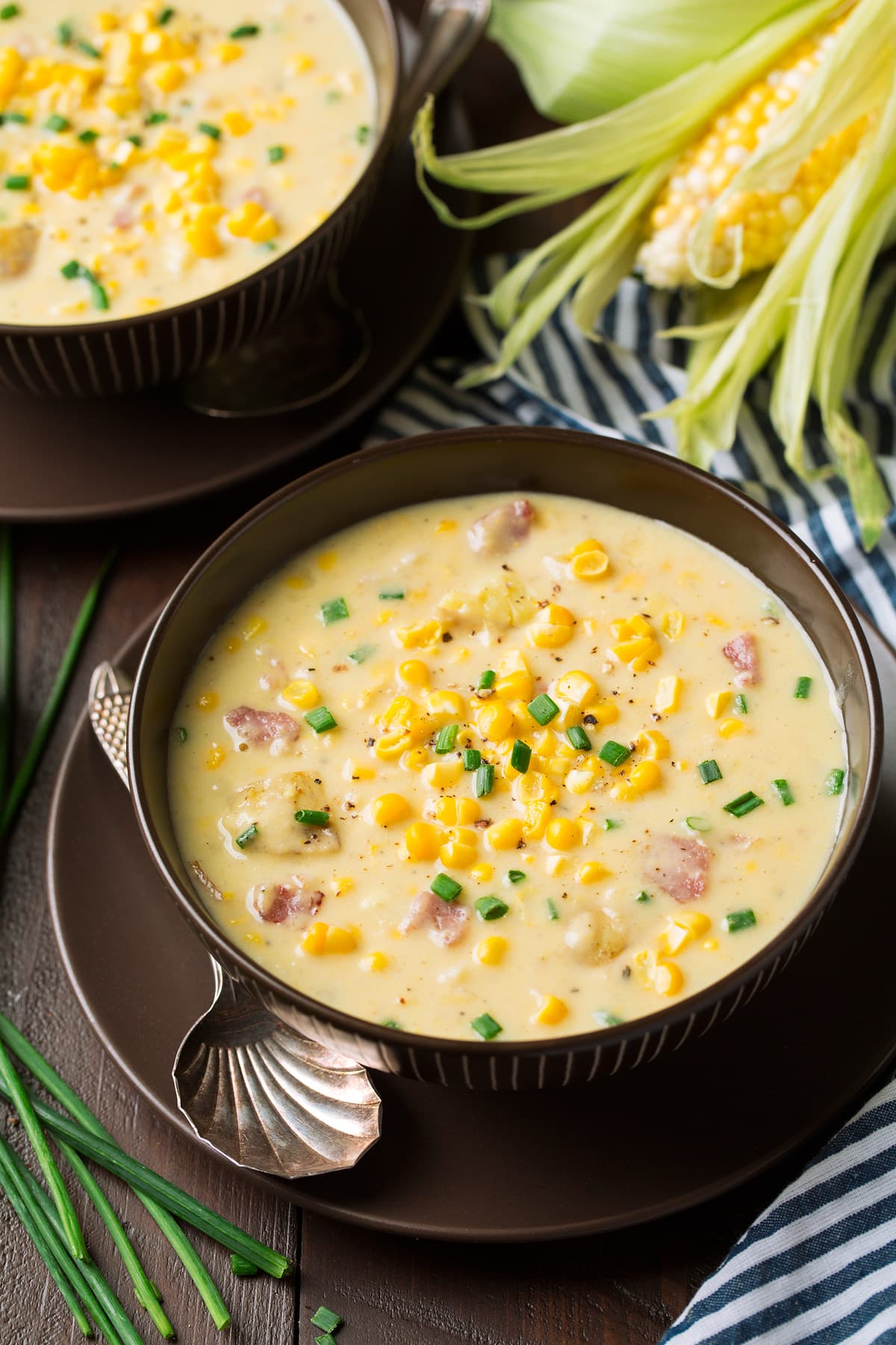 Corn Chowder in two serving bowls. 