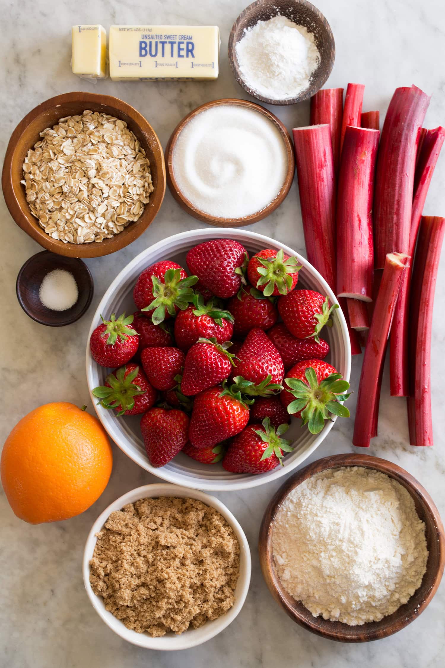 Ingredients needed for strawberry rhubarb crisp.