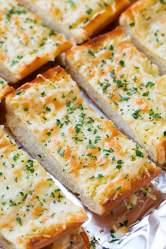 close up of slices of Cheesy Garlic Bread