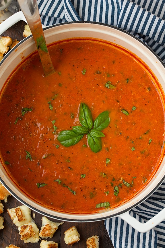 Roasted Tomato Soup With Basil and Grilled Cheese Croutons