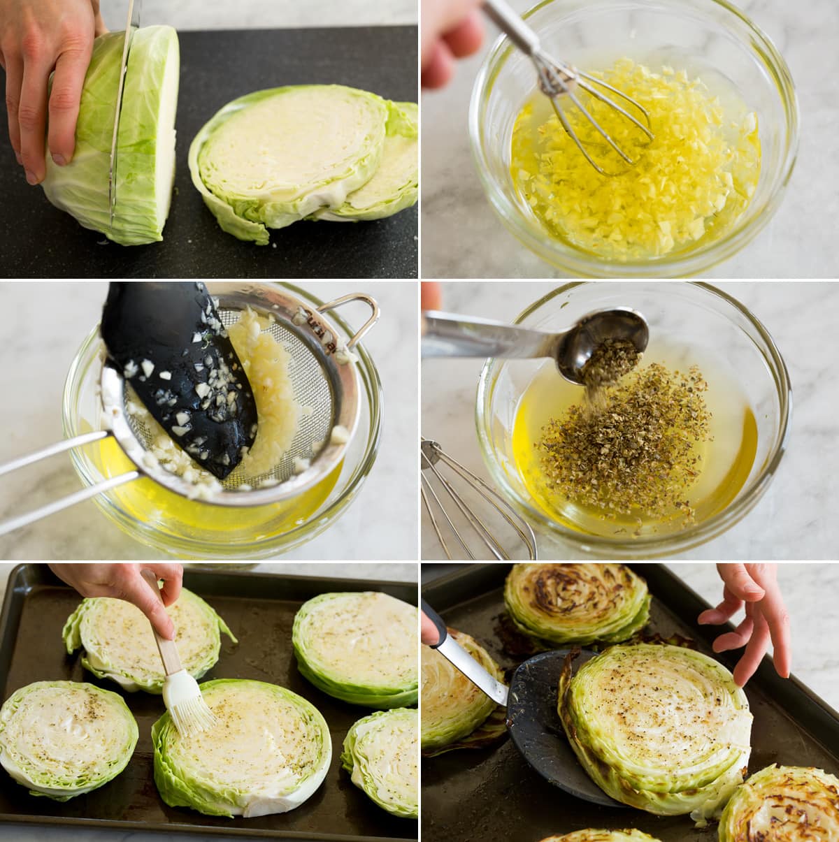 Collage of six photos showing steps to making roasted cabbage.