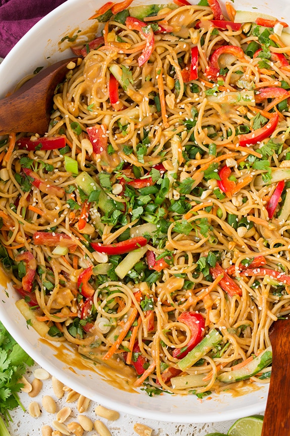 Thai Noodles with spicy peanut sauce in serving bowl