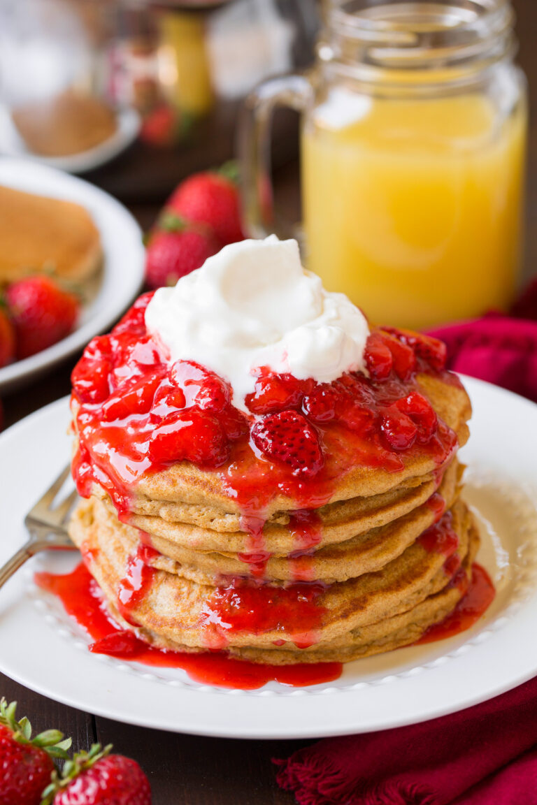 Whole Wheat Pancakes {with Honey Sweetened Strawberry Syrup} Cooking