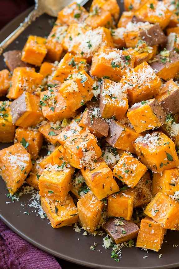 Savory Roasted Sweet Potatoes with Parmesan, Garlic & Herbs