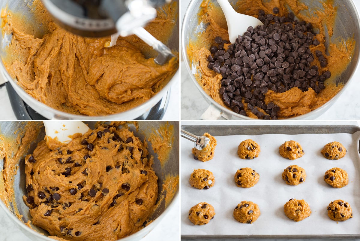 Collage of four images showing continued steps of making pumpkin chocolate chip cookie batter. Shows folding in chocolate chips, batter upon completion and scooping batter on to baking sheet using a cookie scoop.