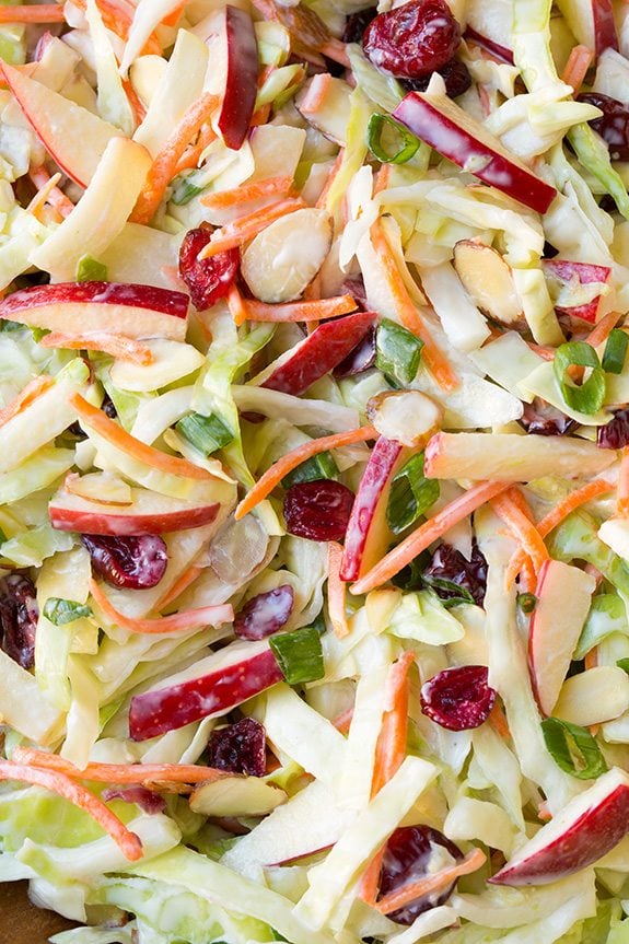 A close up of Apple Cranberry Almond Coleslaw