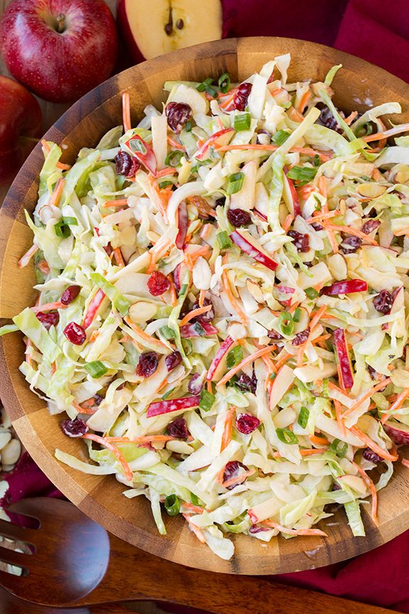 Cranberry Almond Apple Slaw in a wooden bowl