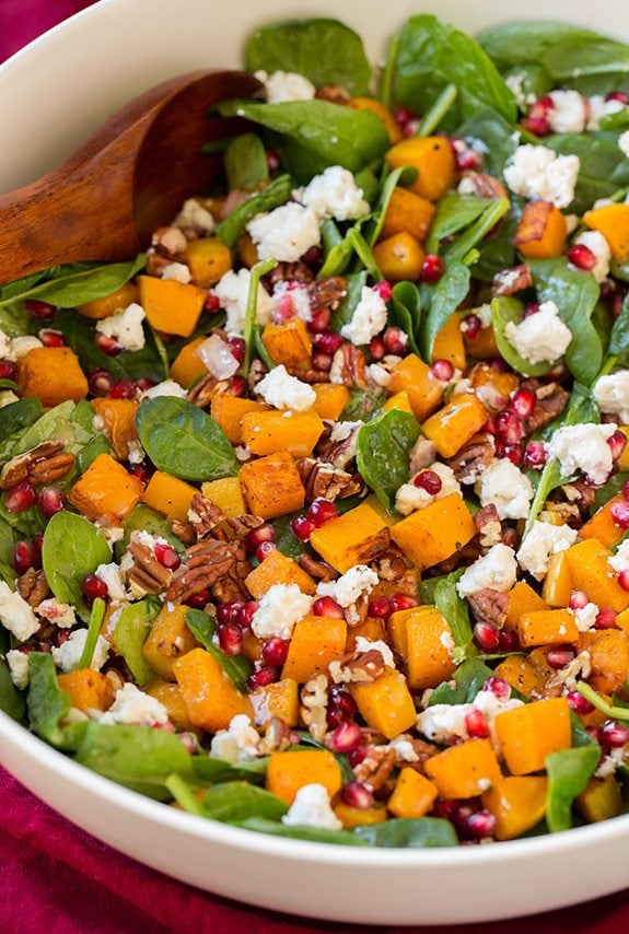 Butternut Squash, Pomegranate and Goat Cheese Spinach Salad with Red Wine Vinaigrette | Cooking Classy