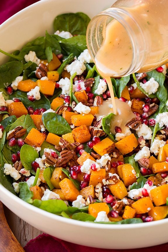 Butternut Squash, Pomegranate and Goat Cheese Spinach Salad with Red Wine Vinaigrette | Cooking Classy