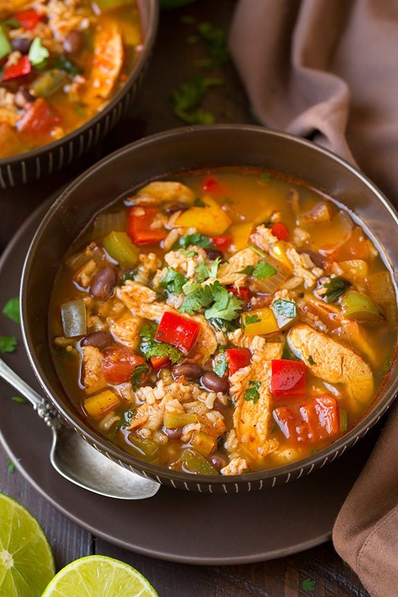Green and Red peppers with black beans and rice in Chicken Fajita Soup