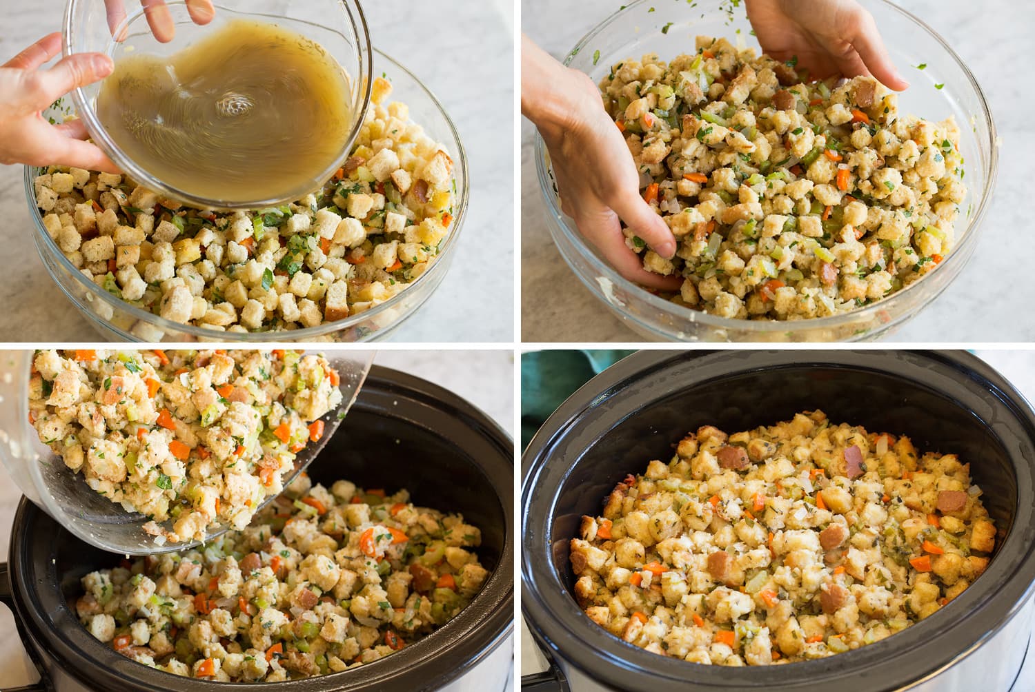 Four photos showing how to toss and cook slow cooker stuffing.