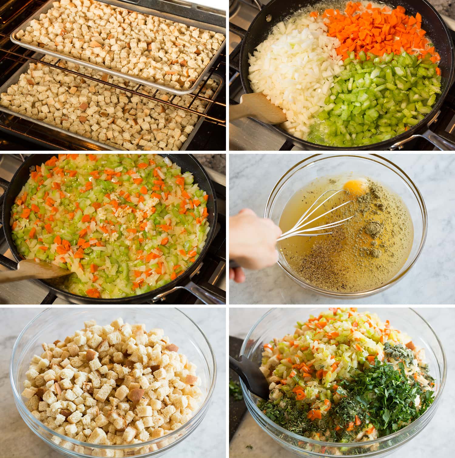 Collage of six photos showing steps of drying bread cubes and sautéing vegetables for stuffing.