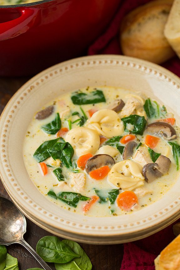Creamy Chicken, Spinach and Mushroom Tortellini Soup | Cooking Classy