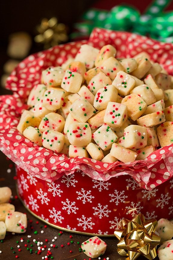 Christmas Shortbread Bites in a red cookie tin