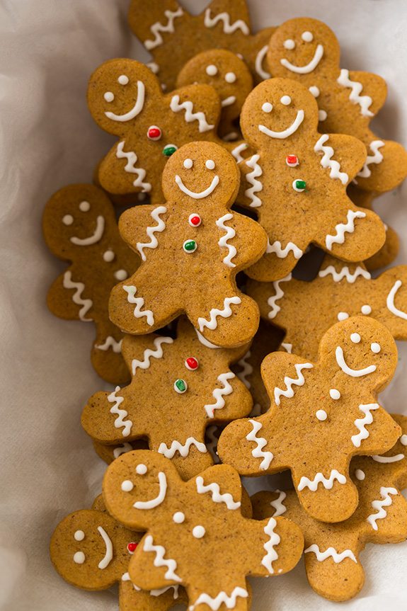 Mini gingerbread men cookies in a gift tin.