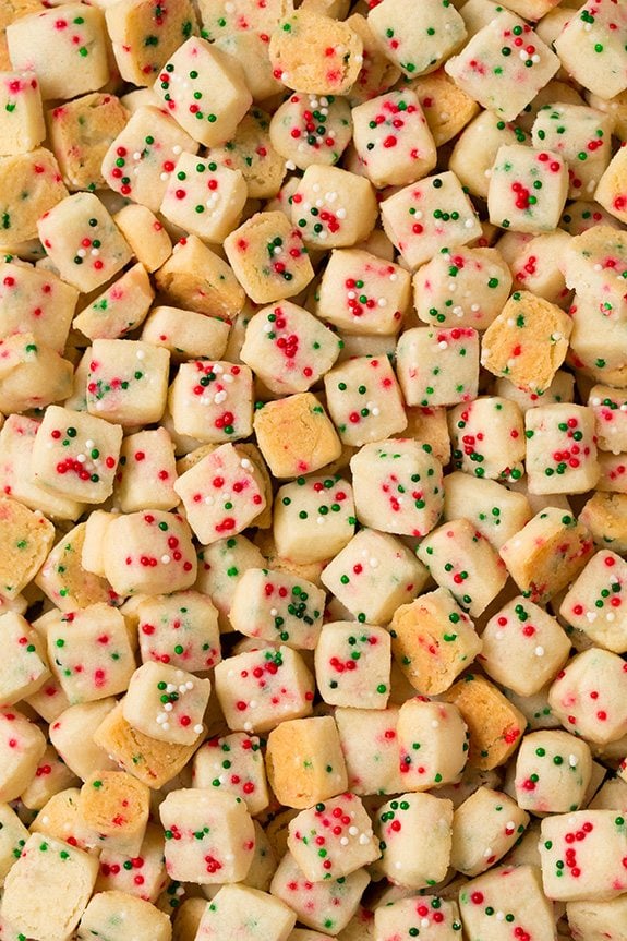 A close up of Shortbread Bites with Christmas sprinkles