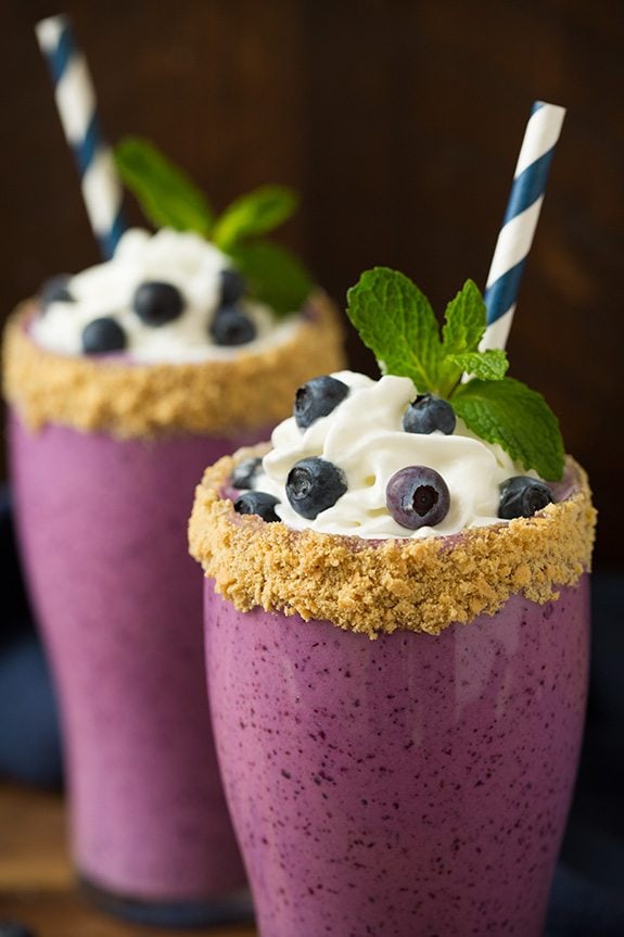 Protein Shake made with cottage cheese, kefir, blueberries, bananas, and almond milk.