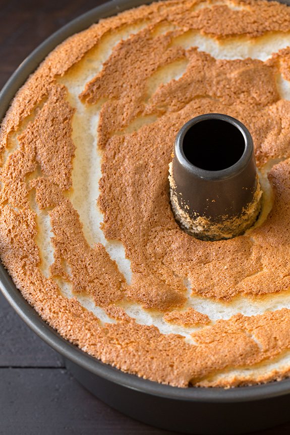Vanilla Bean Angel Food Cake in cake pan