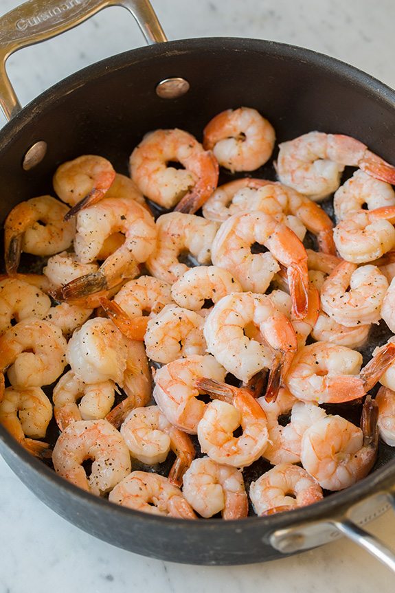 shrimp for shrimp pesto pasta in large skillet