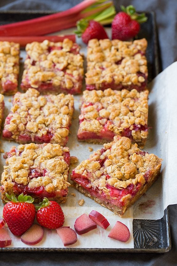 sliced Strawberry Rhubarb Bars on tray 