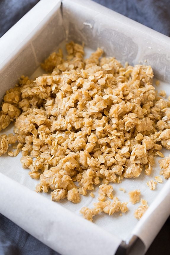 oatmeal crumb topping in a baking dish