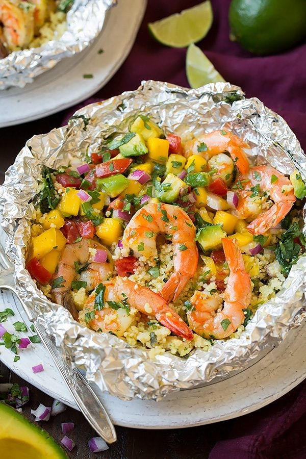 Shrimp and Couscous Foil Packets with Avocado-Mango Salsa | Cooking Classy