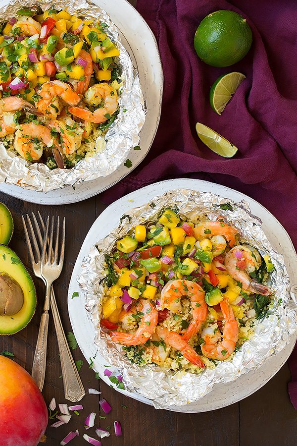 Shrimp and Couscous Foil Packets with Avocado-Mango Salsa | Cooking Classy