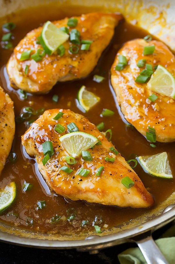 close up of Honey-Lime Chicken in metal skillet