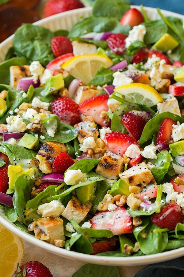 Strawberry Spinach Salad with Grilled Chicken and Lemon Poppy Seed Dressing